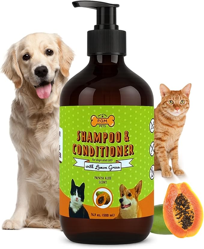 POM Pets 2-in-1 Organic Dog Shampoo &amp; Conditioner – Itchy Skin Relief, Dog Deshedding, Detangles Fur, Cat Shampoo, Paw Cleaner for Dogs, Natural Coat Defense Formula