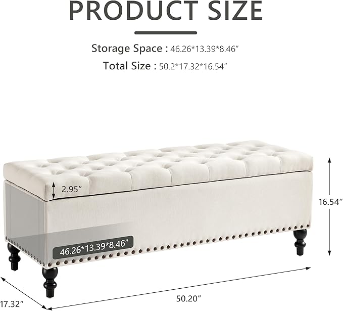 Ottoman with Storage,50.2-inch Upholstered End of Bed Storage Bench for Bedroom,for The Living Room,for Entryway, with Rivets &amp; Button and Safety Hinges,Detachable (White)