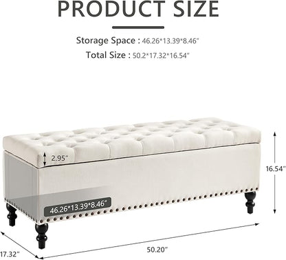 Ottoman with Storage,50.2-inch Upholstered End of Bed Storage Bench for Bedroom,for The Living Room,for Entryway, with Rivets &amp; Button and Safety Hinges,Detachable (White)