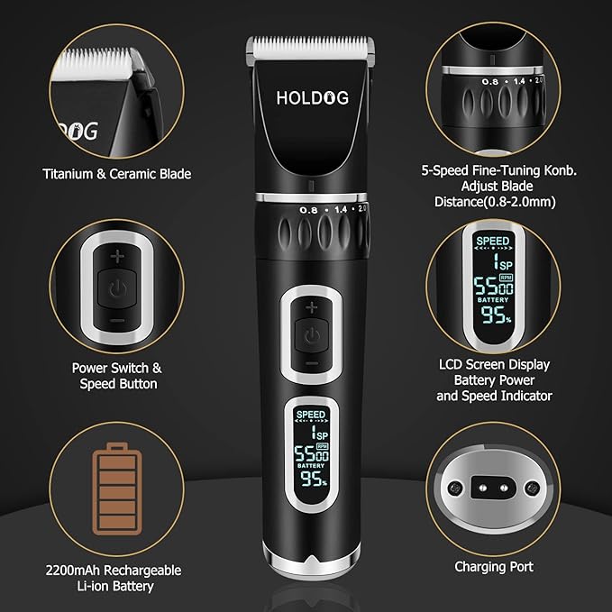 Dog Clippers Professional Heavy Duty Dog Grooming Clipper 3-Speed Low Noise High Power Rechargeable Cordless Pet Grooming Tools for Small &amp; Large Dogs Cats Pets with Thick &amp; Heavy Coats