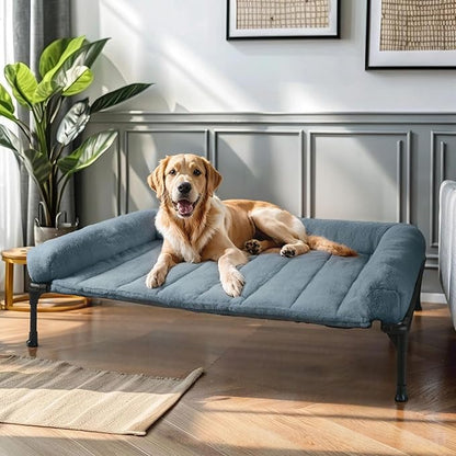 Veehoo Cooling Elevated Dog Bed with Fluffy Plush Bolster Cushion, Indoor Raised Dog Beds for Large Dogs, Soft Pet Sofa Cot with Removable Washable Mat, No-Slip Feet, 42 x 30 inches, Haze Blue
