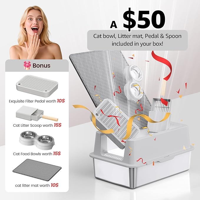 Stainless Steel Cat Litter Box - Enclosed XL Metal Kitty Litter Box with Lid for Big Cats, High Sided, Anti-Leakage, Easy Cleaning, Non-Sticky, Included Litter Mat, Cat Bowl &amp; Spoon