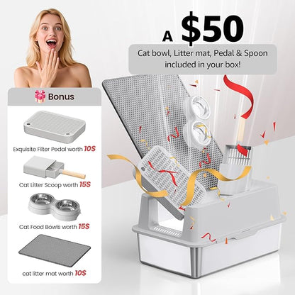 Stainless Steel Cat Litter Box - Enclosed XL Metal Kitty Litter Box with Lid for Big Cats, High Sided, Anti-Leakage, Easy Cleaning, Non-Sticky, Included Litter Mat, Cat Bowl &amp; Spoon
