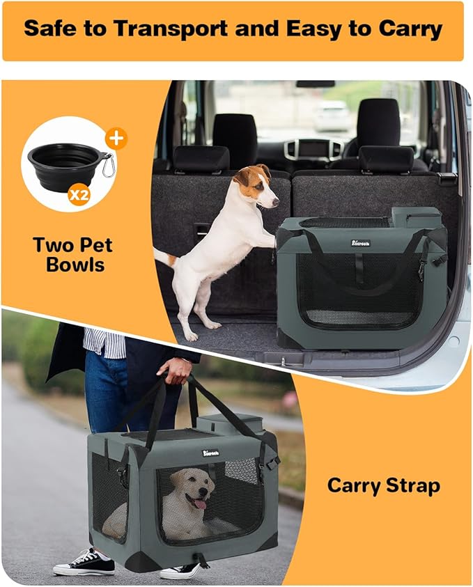 Extra Large Dog Crate with 2 Foldable Bowl, 40 Inch Collapsible Travel Dog Crate Kennel with Soft Blanket for Medium Dogs,Indoor &amp; Outdoor (40" L x 27" W x 27" H, Grey)