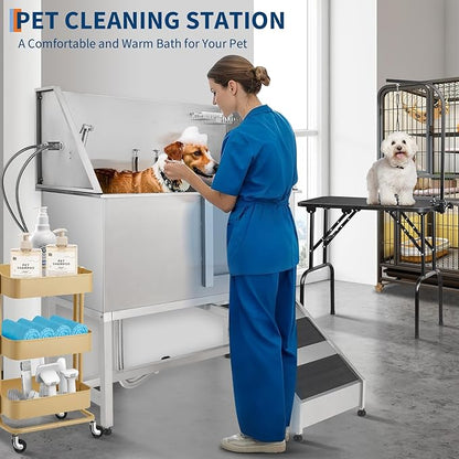 Stainless Steel Dog Washing Station - Dog Bath Tub for Large, Medium, Small Dogs, Pet Grooming Tub with Ramp, Non-Slip Grate, Shower, Soap Box, Faucet, Drain for Home &amp; Outdoor （Right RAMP, 50"）