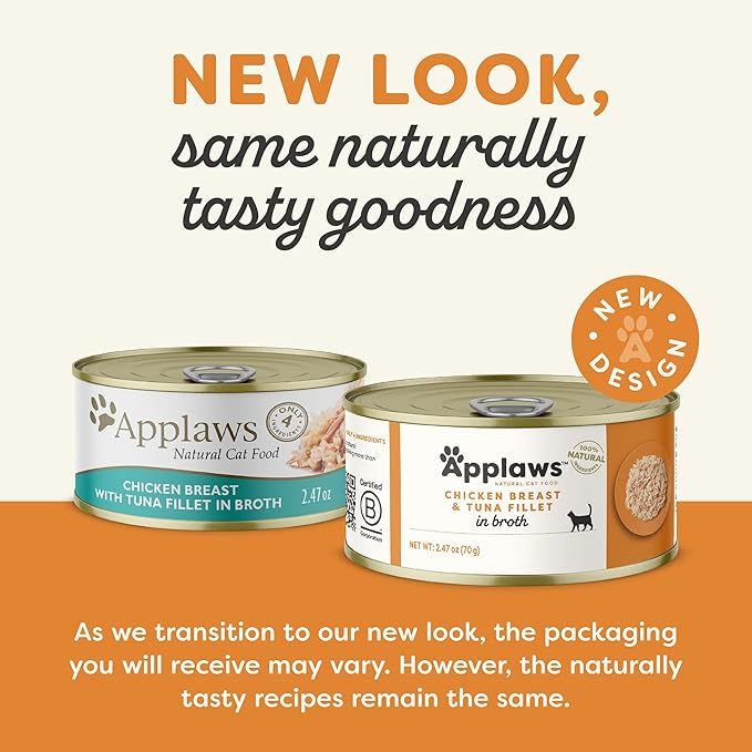 Applaws Natural Wet Cat Food in Broth, Limited Ingredient Canned Wet Cat Food, No Additives, Made with Natural Ingredients, Chicken Breast &amp; Tuna Fillet in Broth (24 x 2.47oz Cans)