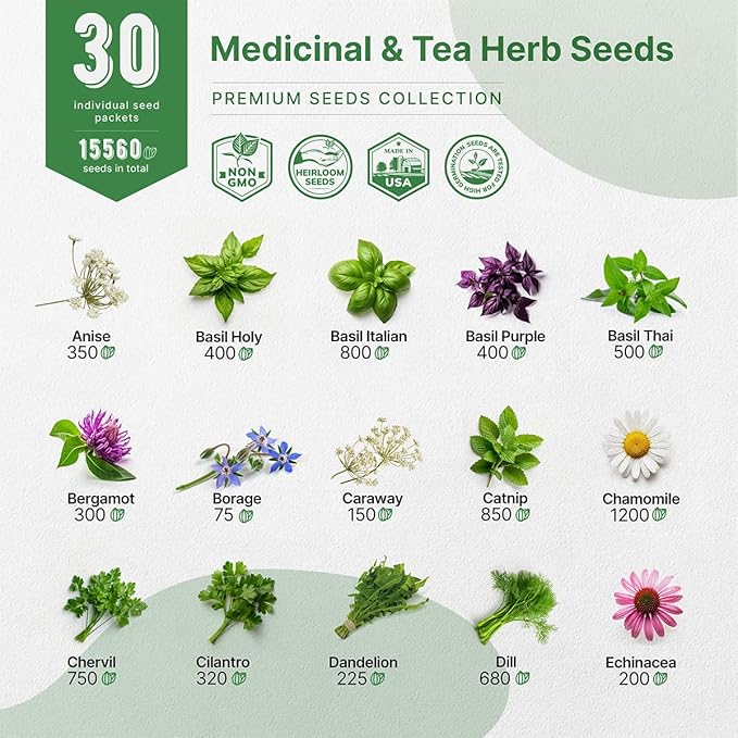 Organo Republic 30 Medicinal &amp; Tea Herb Seeds Variety Pack 15,560+ Non-GMO Heirloom Garden Seeds for Indoor &amp; Outdoors, Including Anise, Bergamot, Borage, Cilantro, Chamomile, Dandelion Seeds