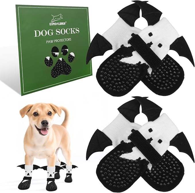 EXPAWLORER Halloween Anti Slip Dog Socks to Prevent Licking Paws, Boots &amp; Paw Protectors with Grippers,Doggie Booties for Hardwood Floors for Small Medium Large Senior Dogs Costume White Ghost Wings S