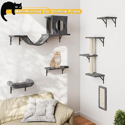 NUNU LAB Wall Mounted Cat Furniture, 6 Pcs Cat Wall Shelves with Condo House, Bridge, Steps, Scratcher, Hammock, Indoor Safe &amp; Stable Furniture for Kittens Play, Dark Gray