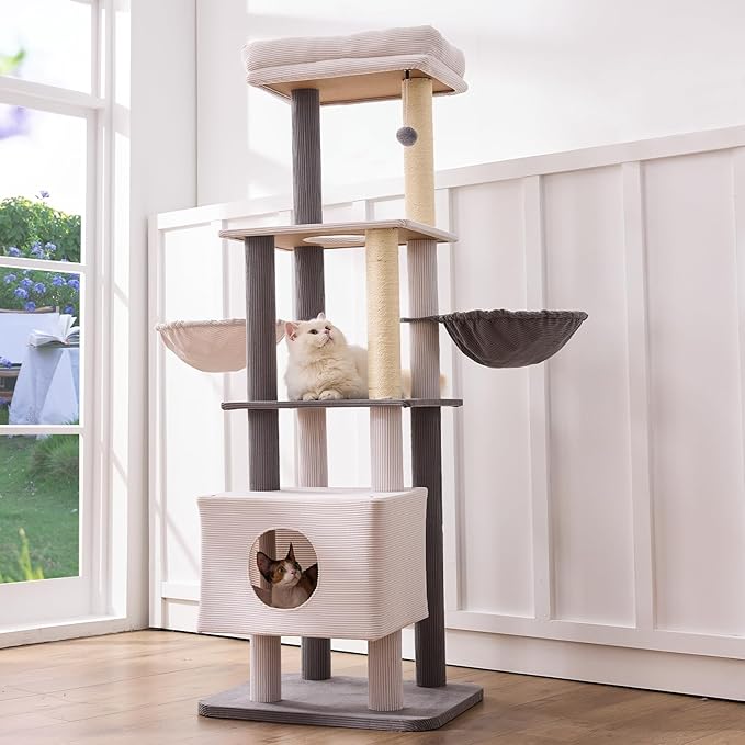 Gardner Pet 65in Heavy Duty Cat Tree Tower for Large Cats, Multi-Level Cat Furniture with Replaceable Sisal Scratching Post, Hammock | Extra-Large Platform &amp; Condo Easy to Clean (Corduroy)