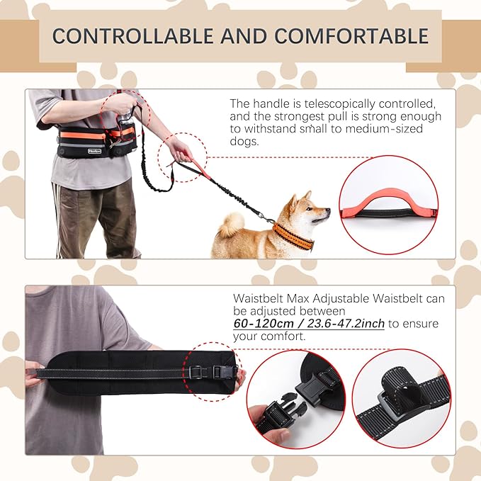 Hands-Free Waist Leash with Pouch for Two Dogs: Reflective Stitching, Dual Handle &amp; Bungee Retractable Design – Ideal for Medium to Large Dogs (Orange) – Dog Walking Accessories