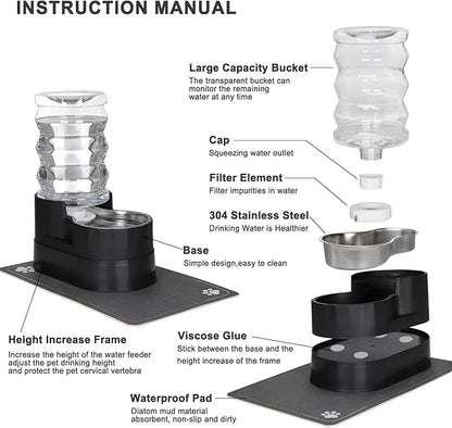 RIZZARI Automatic Cat Water Dispenser: Black 7L Elevated Fountain - Stainless Steel Gravity Feeder - Splash Guard Mat