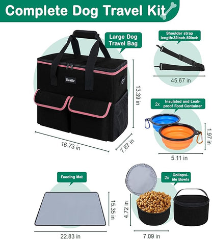 Large Pet Travel Bag Organizer - Dog &amp; Cat Tote with Food Containers, Bowls, Feeding Mat, Perfect for Camping, Hiking (Multi-Pocket Design)