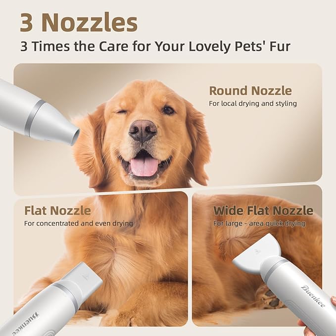 Dog Dryer Handheld Pet Hair Dryer: 3HP High-Velocity Blower with 3 Speeds &amp; 4 Temps Lightweight, Quiet Design. Portable Blow for Travel &amp; Home Grooming. Includes 3 Nozzles (White).