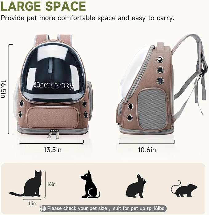 Cat Backpack Carrier, Breathable Cat Carrier Large Space Bubble Pet Backpack for Kitty Small Dog up to 15lbs, Transparent &amp; Foldable Pet Carrier for Travel Hiking