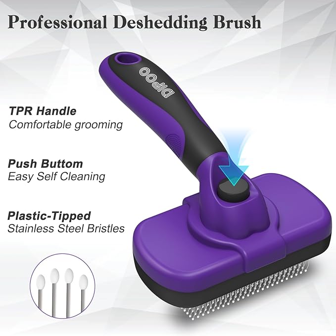 Self Cleaning Cat &amp; Dog Grooming Brush - Skin Friendly Deshedding Hair Brush for Haired Dogs &amp; Puppies, Purple