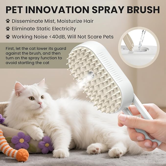 Cat Steam Brush for Shedding, Pet Steam Brush for Cats and Dog, 4 in 1 Rechargeable Cat Hair Brush, Spray Anti-Static, Massage, Cleaning, Shedding &amp; Combing All In One, for Long &amp; Short Haired Pets!