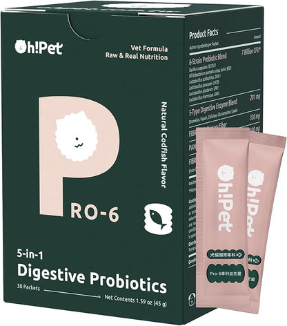 Oh!Pet® 5-in-1 Digestive Probiotics – 7B CFU Powder for Dogs &amp; Cats with Prebiotics &amp; Enzymes (Codfish, 30 Packets)
