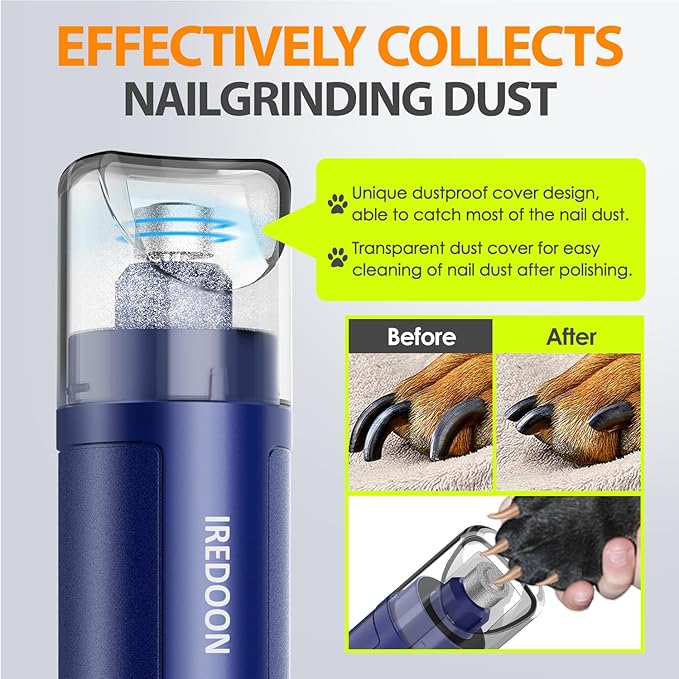 Dog Nail Grinder Upgraded - Professional 3-Speed Super Quiet and Low Vibration Electric Pet Nail Grinder with 4 LED Lights - Painless Paws Grooming &amp; Smoothing for Small to Large Dogs (Blue)