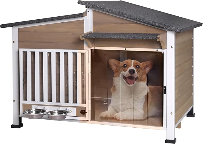 GUTINNEEN Dog House Outdoor with Anti-Chewing Metal Frame, Wooden Dog Kennel with 360° Rotating Feeding Bowl, Weatherproof Roof, for Indoor &amp; Outdoor Use - Brown