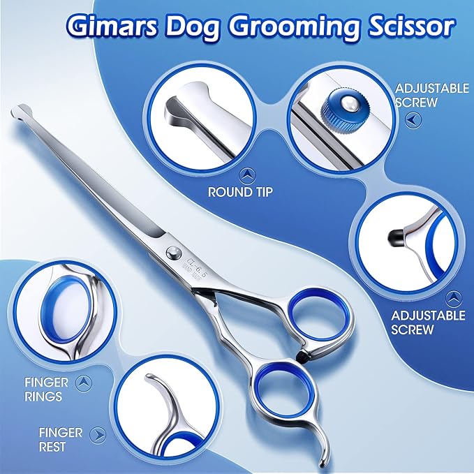 Gimars Professional 5 in 1 Grooming Scissors for Dogs 4CR with Safety Round Tip, Heavy Duty Titanium Coated Straight &amp; Thinning &amp; Curved Shears