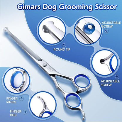 Gimars Professional 5 in 1 Grooming Scissors for Dogs 4CR with Safety Round Tip, Heavy Duty Titanium Coated Straight &amp; Thinning &amp; Curved Shears
