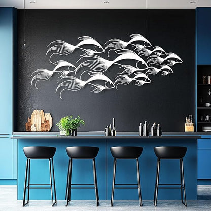 School of Fish Metal Wall Art, Metal Fish Wall Decor, Sea Life Wall Art, Large Nautical Wall Hanging, Modern Beach House Wall Decor, Ocean Themed Artwork for Bathroom (Silver, 48"x20" | 121x51cm)