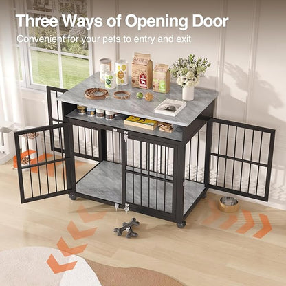 39.4" Dog Crate Furniture for Medium and Large Breed, Dog Kennel Furniture with Storage Shelf &amp; Lockable Wheels, Heavy Duty Wooden End Side Table Pet Cage Indoor, Chew-Resistant, Grey