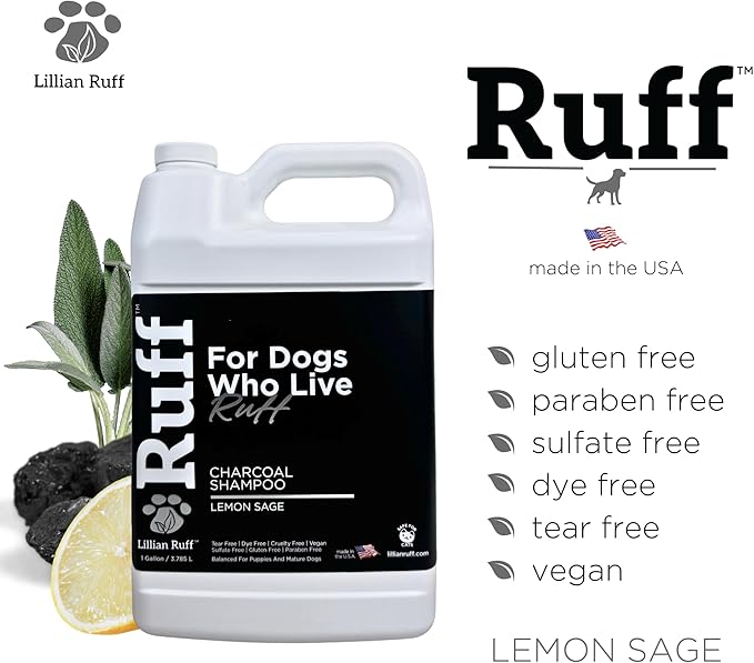 Ruff by Lillian Ruff Activated Charcoal Pet Shampoo – Lemon Sage – Deep Cleanser, Deodorizer &amp; Stain Remover – Hydrates Dry Itchy Skin – Puppy &amp; Dog Safe – USA Made (Gallon)
