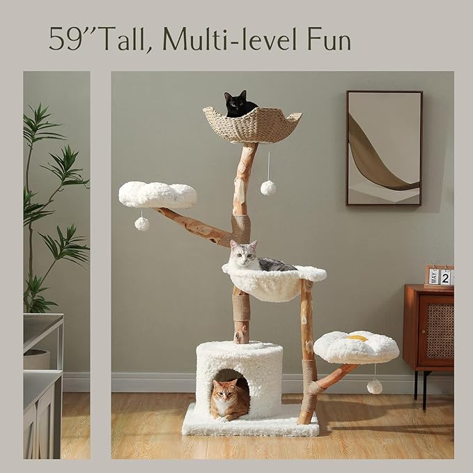 PAWZ Road Cat Tree for Indoor Cats Large Adults, 59 Inches Modern Cat Tower with Large Basket and Hammock, Natural Solid Wood, Luxury Condo &amp; Dual Perches, Modern Cat Furniture for Big Cats, White