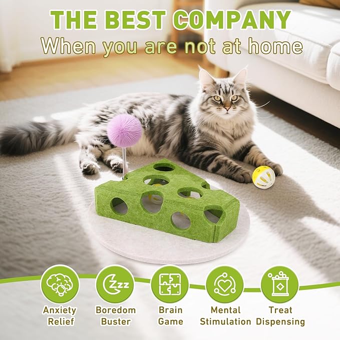 Interactive Cat Puzzle Toy for Indoor Cats &amp; Kittens - Fun Track Balls &amp; Spring Teaser in Stimulating Felt Puzzle Box (Green) - Mental Enrichment Game
