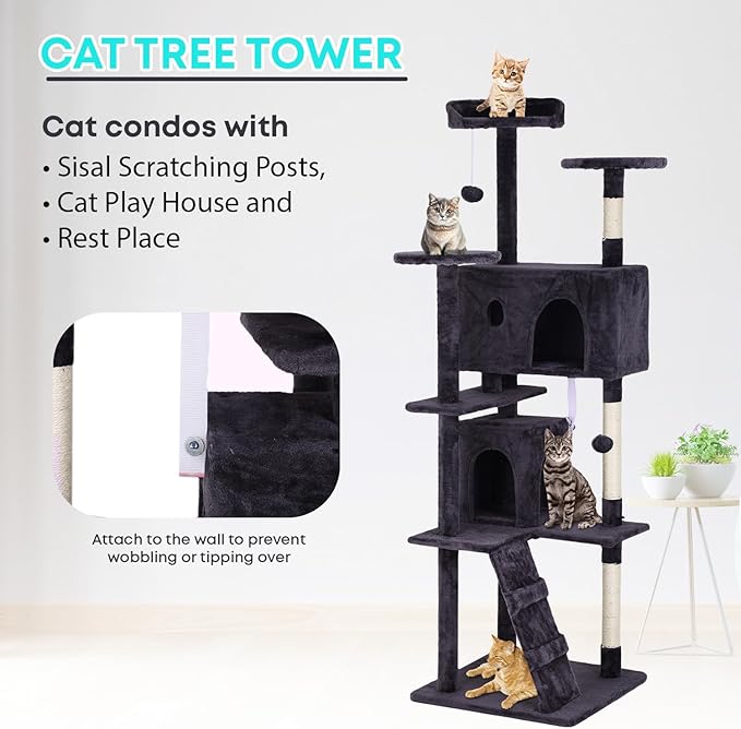 FDW Cat Tree 70in Cat Tower Multi-Level Durable Cat Scratching Post &amp; Cozy Fun Cat Jumping Platform Space Saving Cat Condo Pet Play House for Indoor Cats,Ashy