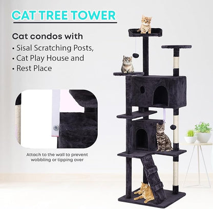 FDW Cat Tree 70in Cat Tower Multi-Level Durable Cat Scratching Post &amp; Cozy Fun Cat Jumping Platform Space Saving Cat Condo Pet Play House for Indoor Cats,Ashy