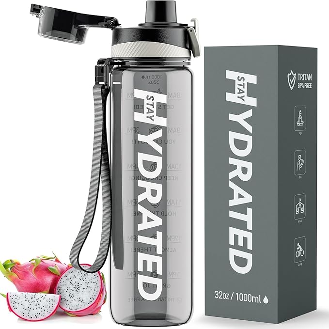 Water Bottle, 32 oz Motivational Water Bottles with Time Marker-Tritan &amp; BPA Free, Sports Water Bottle with Time to Drink &amp; Strap, Wide Mouth, Leakproof -Gift for Christmas Gym Fitness &amp; Outdoor