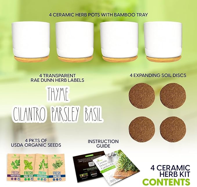 Deluxe Ceramic Indoor Herb Kit 4 Set. Variety Herbs for Indoor &amp; Outdoor – Get Growing with Pots, Potting Soil for Window Herb Garden. (Ceramic Edition)