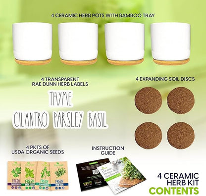 Deluxe Ceramic Indoor Herb Kit 4 Set. Variety Herbs for Indoor &amp; Outdoor – Get Growing with Pots, Potting Soil for Window Herb Garden. (Ceramic Edition)