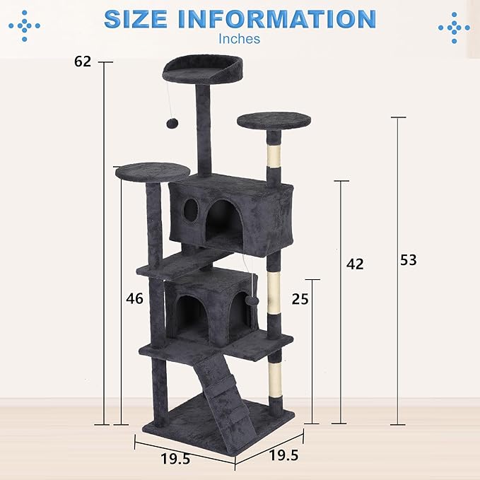 FDW Cat Tree Tower 62in Multi-Level Durable Cat Scratching Post &amp; Cozy Fun Jumping Platform Space Saving Condo Pet Play House for Indoor Cats,Dark Gray