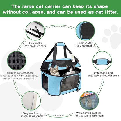 Large Cat Carrier for 2 Cats Soft Side Pet Carrier for Kitten Small Dog Collapsible Travel Small Dog Carrier, TSA Airline Approved Carrier for Large Cats 20 lbs, Blue