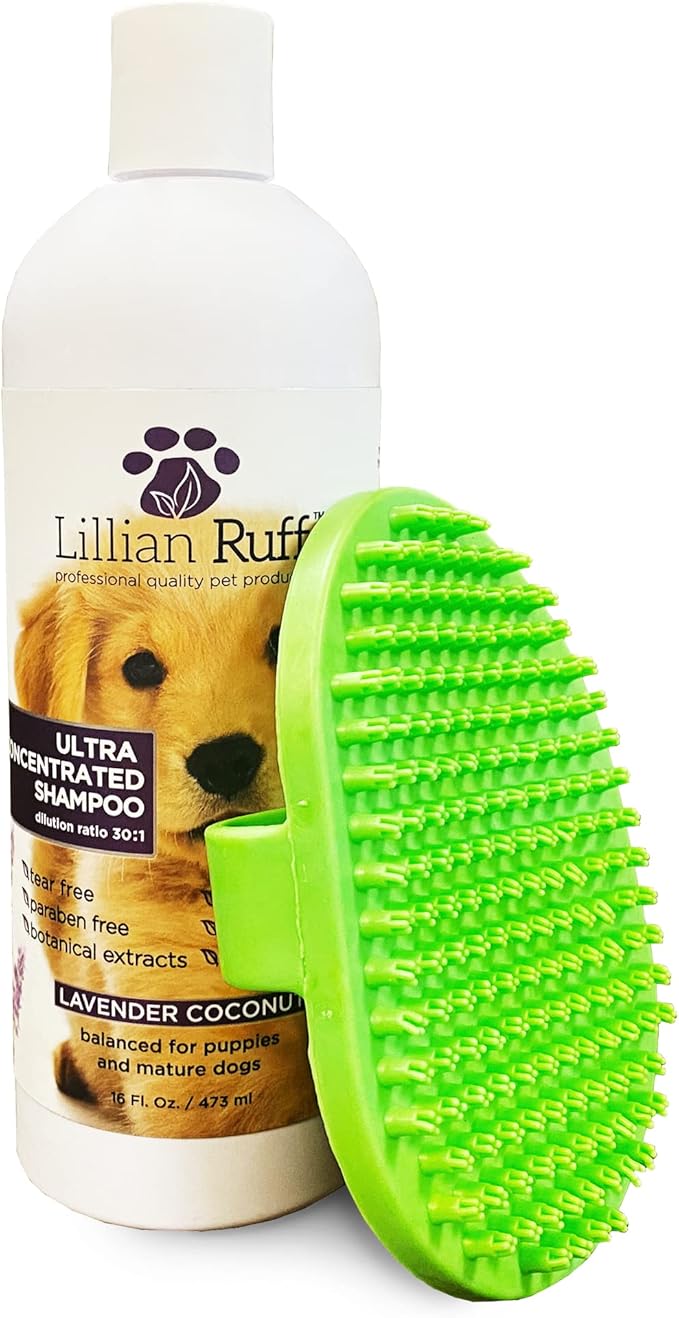 Lillian Ruff High Concentrate Professional Grooming Shampoo for Dogs with Hydrating Essential Oils – 30:1 Concentration for Bathing System - Clean, Condition, &amp; Deodorize Dry, Sensitive Skin W/Brush