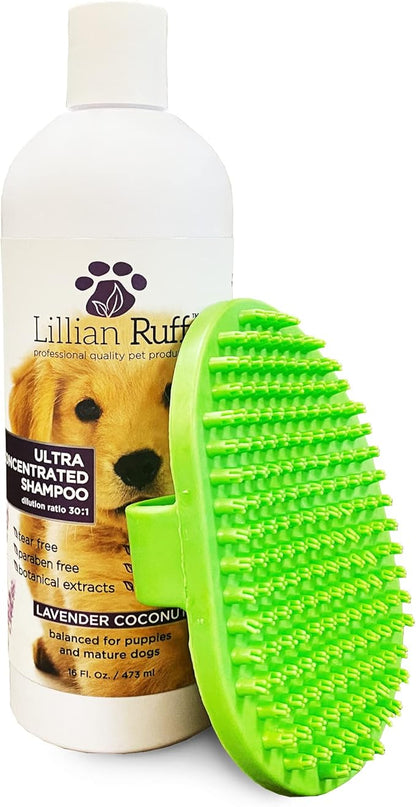 Lillian Ruff High Concentrate Professional Grooming Shampoo for Dogs with Hydrating Essential Oils – 30:1 Concentration for Bathing System - Clean, Condition, &amp; Deodorize Dry, Sensitive Skin W/Brush