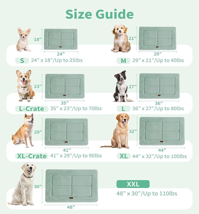 Made4Pets Dog Crate Pad Bed for Extra Large Dogs, Washable &amp; Reversible, Anti-Slip Kennel Mat for Cozy Sleeping, Soft Fluffy Dog Bed for Indoor &amp; Outdoor Use, 48"x30", Green