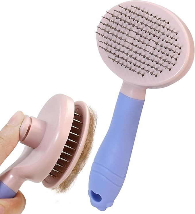 Pet Self-Cleaning Slicker Brush for Dogs &amp; Cats, Deshedding Grooming Comb, Removes Loose Undercoat Hair &amp; Mats, Skin-Friendly Massaging Tool for Long/Short Fur, Large &amp; Small Breeds (Purple)