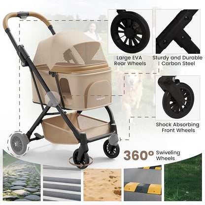 Lightweight Dog Stroller Portable Compact Folded Pet Stroller for Small/Medium Dogs &amp; Cats Up to 35lbs One Click Folding Large Cat Carriage with Adjustable Canopy Storage Basket- Khaki