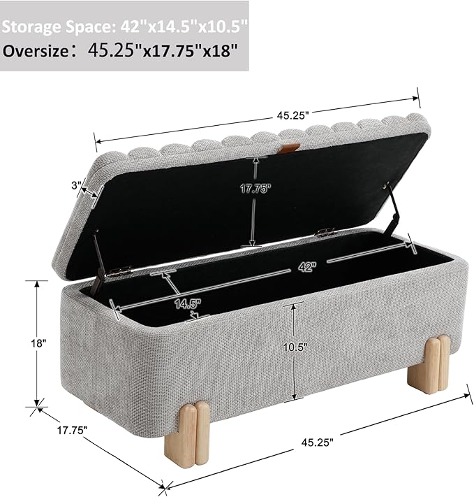 Kmax 45" Storage Bench Velvet Entryway Bench Upholstered Ottoman Bench with Wavy Top &amp; Safty Hinge for Bedroom Living Room Hallway, Grey