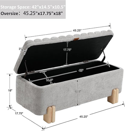 Kmax 45" Storage Bench Velvet Entryway Bench Upholstered Ottoman Bench with Wavy Top &amp; Safty Hinge for Bedroom Living Room Hallway, Grey