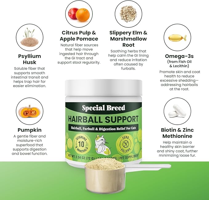 Hairball Support for Cats - 10 Super Ingredients for Hairball Relief, Digestive Support &amp; Healthy Skin - No Fillers - Psyllium, Pumpkin, Omega-3s &amp; More - 240 Scoops