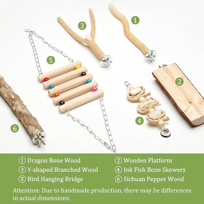 Bird Perches for Cage 6pcs Natural Bird Stand Branch for Cage with Hanging Bridge, Parrot Swing Toys Chewing Climbing Standing Branches Wood Pole Paw Grinding Fork Parakeet Platform