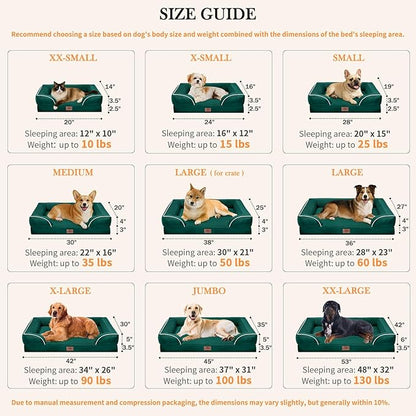 Comfort Expression Large Dog Beds Waterproof Orthopedic Foam Dog Sofa Beds Comfy Pet Bed with Washable Removable Cover &amp; Non-Slip Bottom(Large,Emerald)