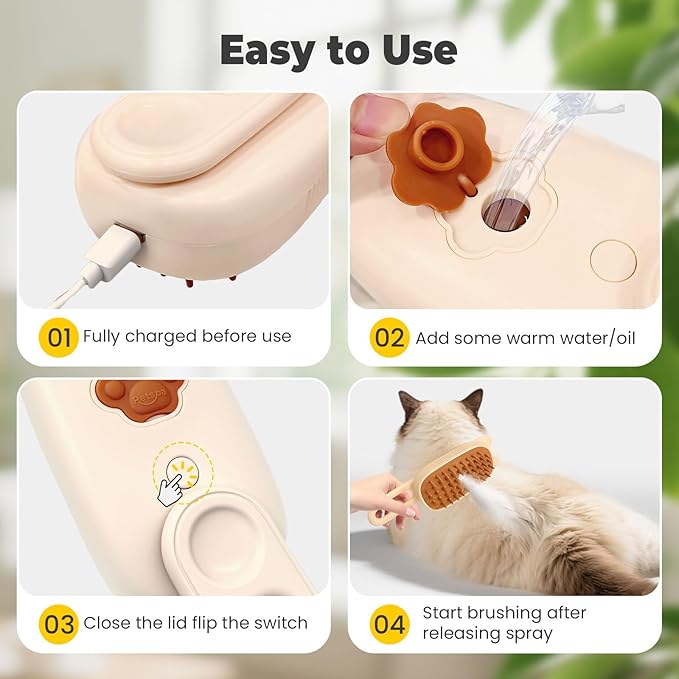 Cat Steam Brush for Shedding, 4 in 1 Rechargeable Steam Brush for Cats and Dogs, Anti-Static, Massage, flea comb for cats&amp; Pet Removal Hair Glove,Shedding &amp; Combing All In One!