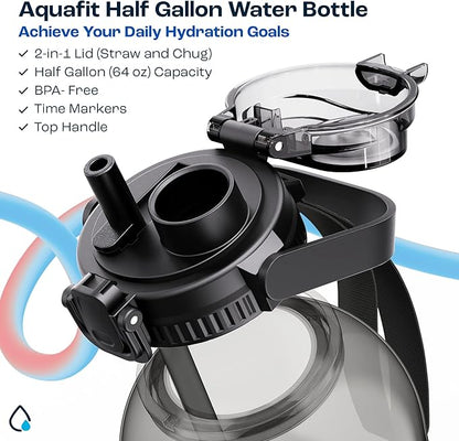 AQUAFIT 64 oz Water Bottle with Time Marker - 2in1 Straw &amp; Chug Lid - BPA Free Big Water Bottle with Straw - Gym Water Bottle with Strap - Water Jug (64 Ounces, Midnight Gray)